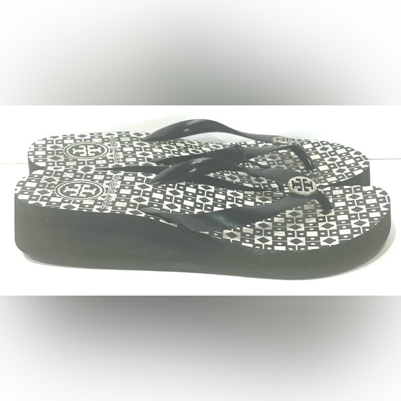 Tory Burch Womens Reva Rubber Flip Flops Black & Gray Logo Womens Wedges - Picture 8 of 11